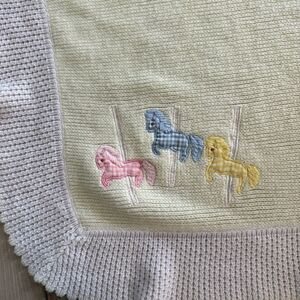 Vintage Baby Blanket Yellow Carousel Horses Acrylic Knit White Trim Kids Count